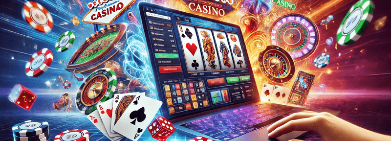 A vibrant and luxurious casino scene featuring a mix of slot machines, card tables, roulette wheels, and poker tables. The setting should include colo